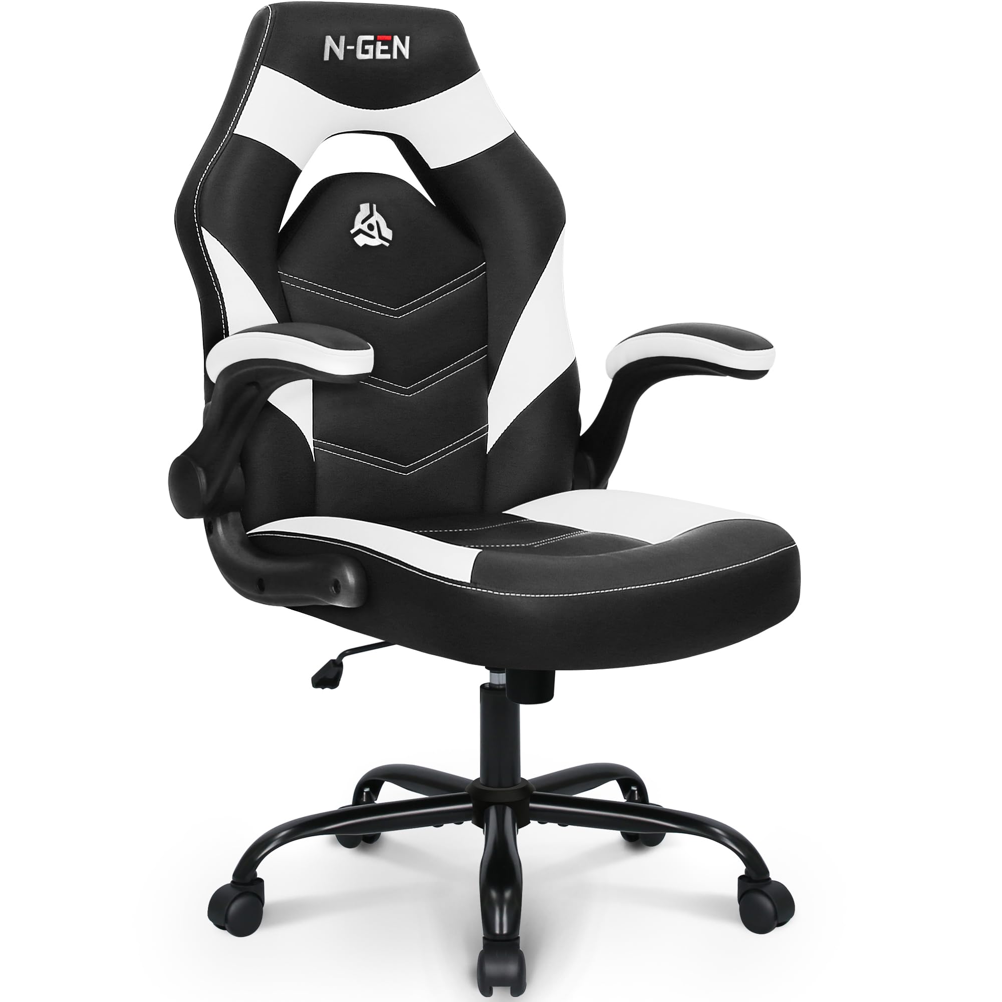 N-GEN Video Gaming Chair Ergonomic Computer Desk Office Chair with Lumbar Support Adjustable Height Swivel Wheels Flip-Up Arms PU Leather Home and Office (White)