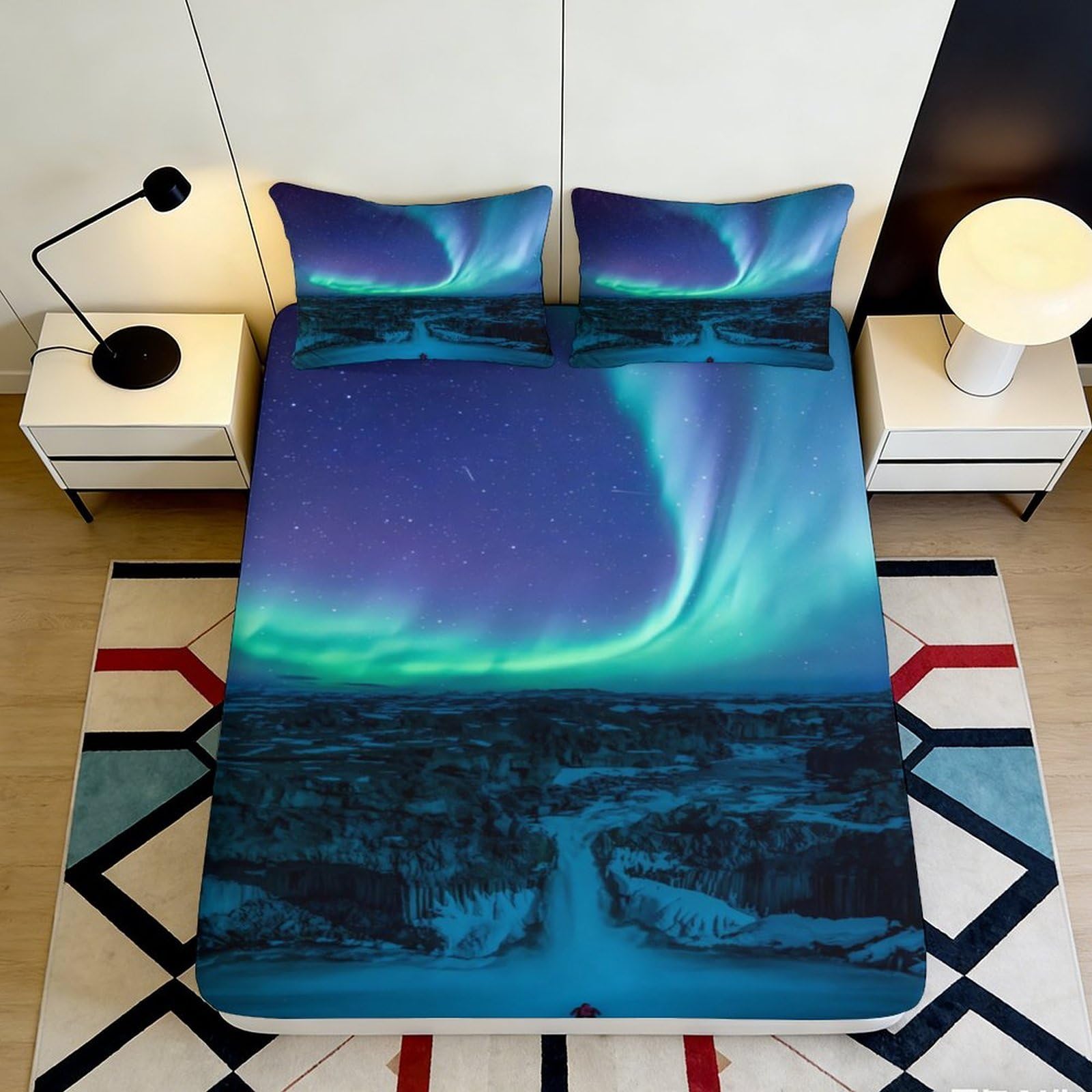 3D Printed Northern Lights Fitted Sheet Microfiber Soft Breathable Aurora Mattress Cover for Bedroom Dormitory Guest Room Protection Decoration 140x200x25cm