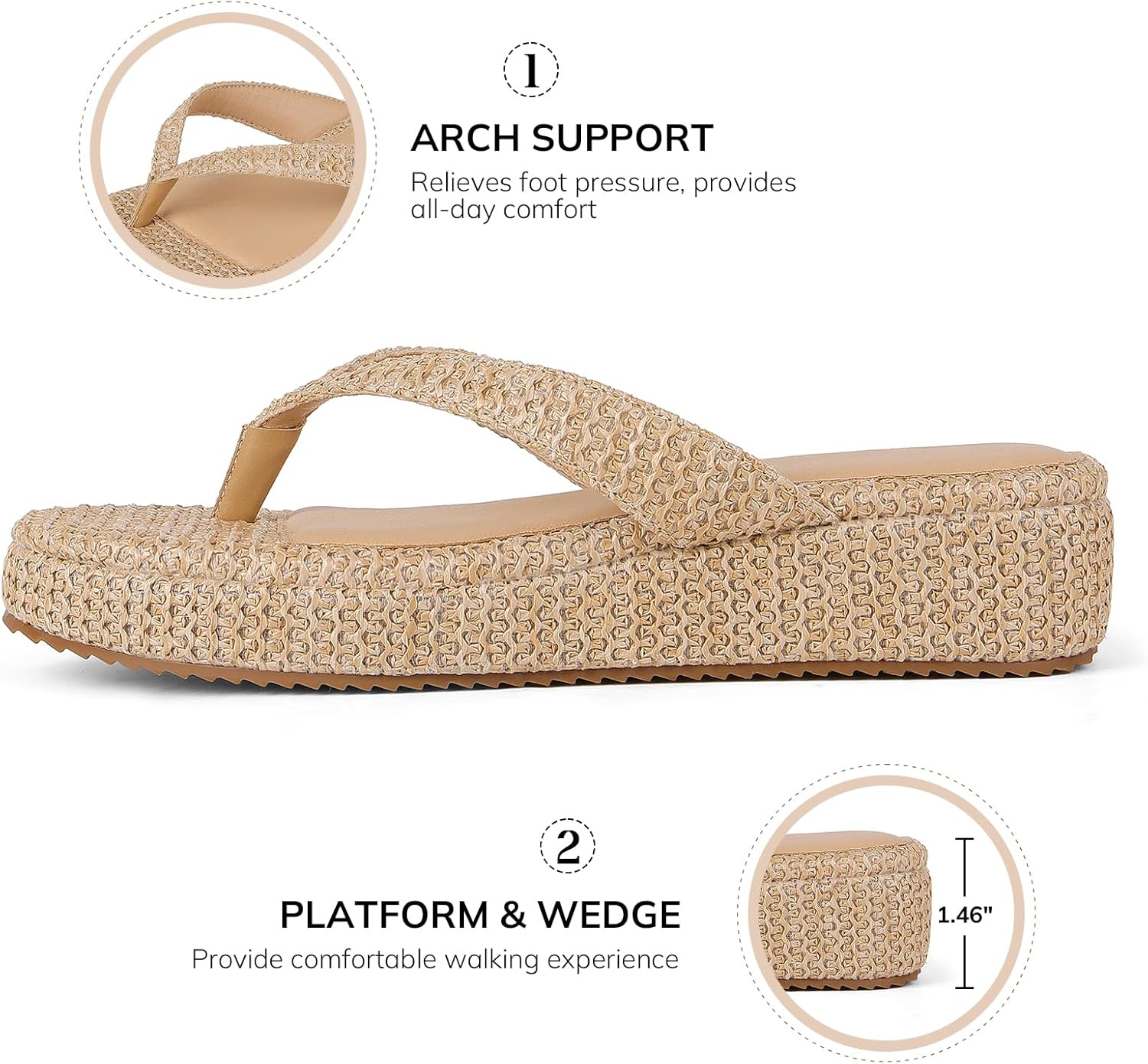mikarka Women's Raffia Flip-Flops: Thong Style Platform Beach Sandals - Dressy & Casual Low Wedge Vacation Slides for Summer