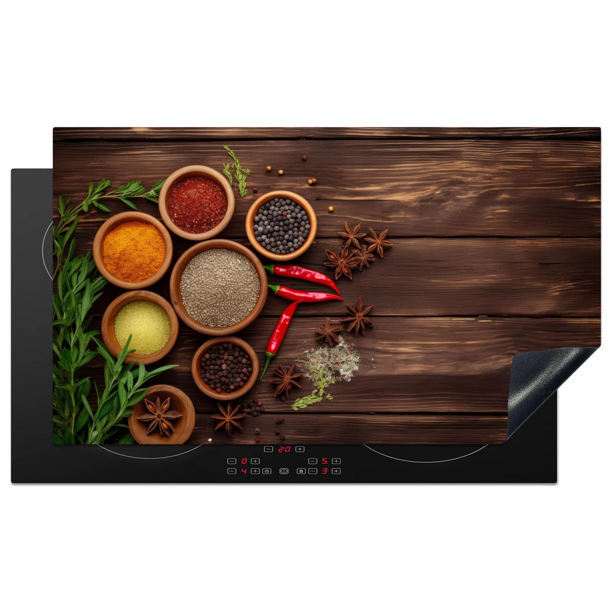 KitchenYeah© Induction Hob Protector Mat 20.5"x35.9" / 91.2x52 cm Cooker Top Protectors Cover Ceramic Covers Electric Hobs Vinyl Herbs - Spices - Red Pepper - Wood Print - Still Life — image 1
