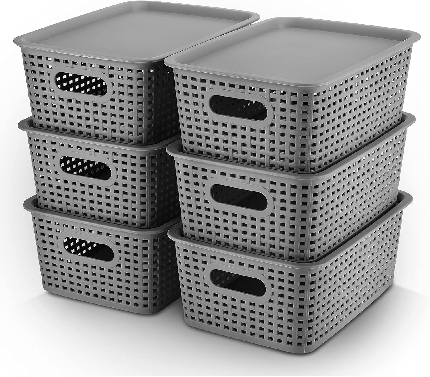 AREYZIN Plastic Storage Baskets Bins With Lid Organizing Container Lidded Knit Storage Organizer Bins for Shelves Drawers Desktop Closet Playroom Classroom Office, 6 Pack