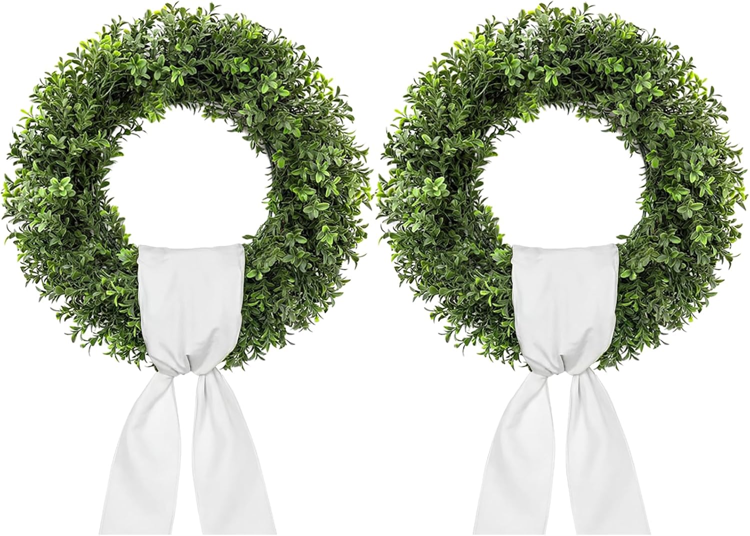 Riceshoot 2 Pcs 20 Inch Artificial Boxwood Wreath Set for Front Door, Porch, Window, with 2 Metal Door Hooks, 2 Silk Ribbons, Boxwood Wreaths for Farmhouse Wedding Indoor Outdoor Decor - All Seasons