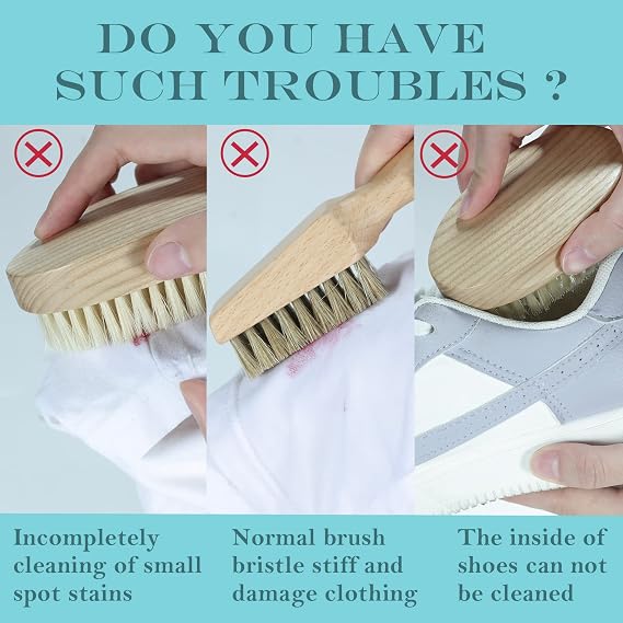 BFWood Laundry Stain Brush, Natural Soft Boar Bristle for Scrubbing Out Tough Stains on Delicate Fabrics, Knits, Cotton, Linens, No Damage