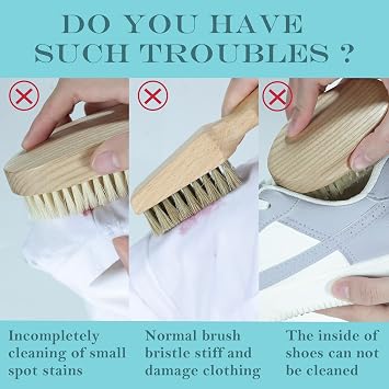 BFWood Laundry Stain Brush, Natural Soft Boar Bristle for Scrubbing Out Tough Stains on Delicate Fabrics, Knits, Cotton, Linens, No Damage