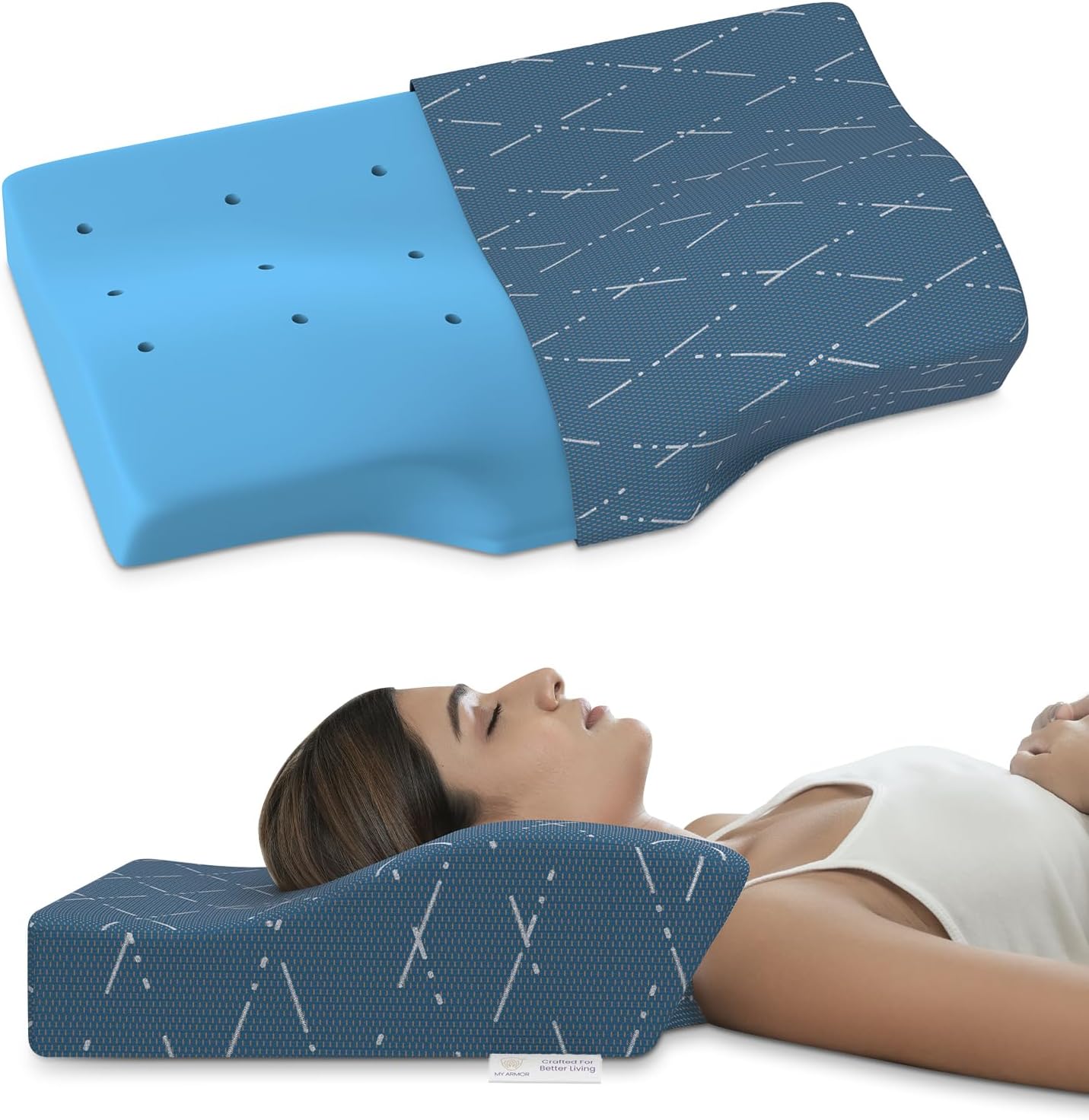 MY ARMOR Cervical Pillow for Neck Pain and Shoulder Pain, Spondylitis Neck, Orthopedic Memory Foam Contour Pillow, Dual Height Options, with Washable Blue Checks Cover - Pack of 1
