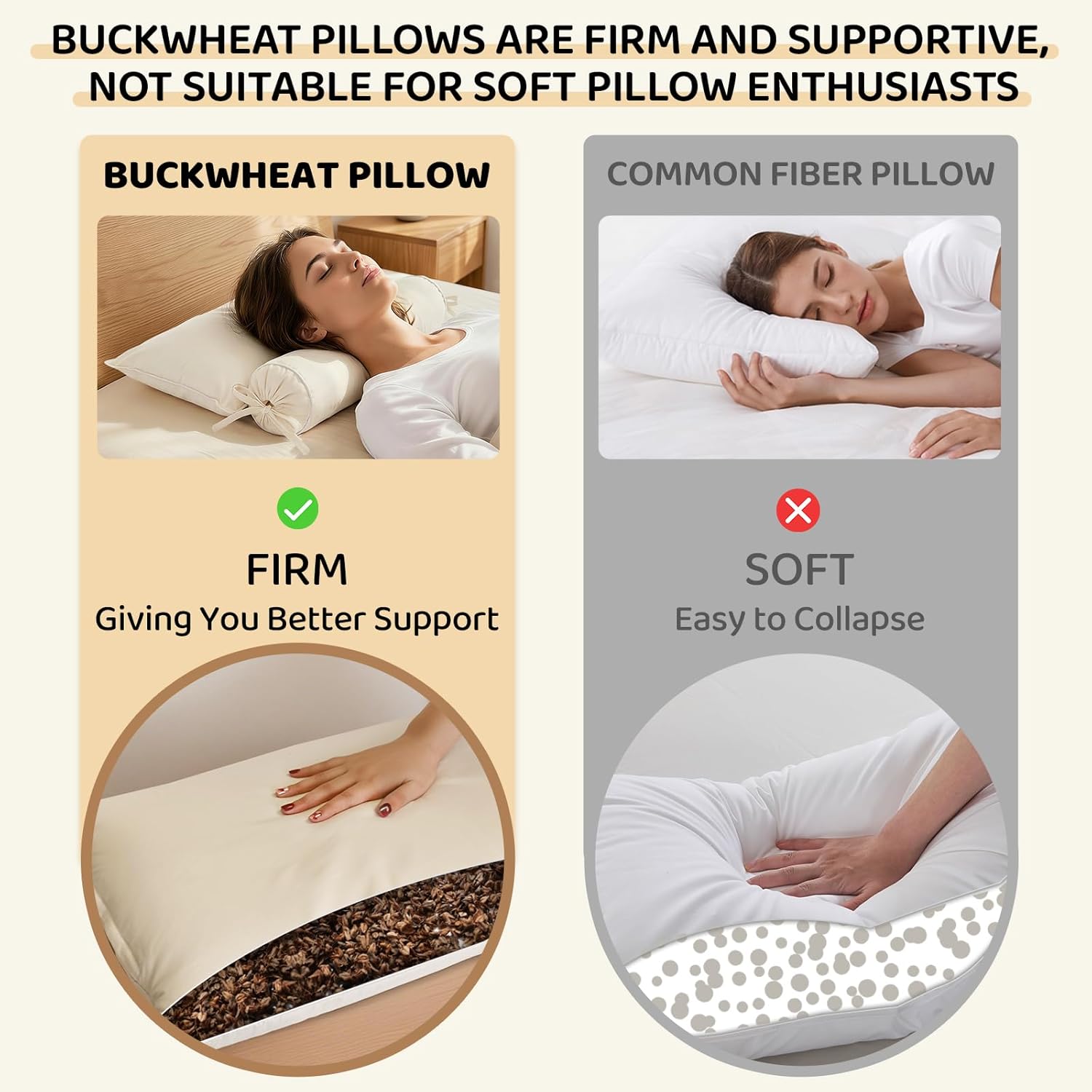 LOFE Buckwheat Pillow - 2IN1 Buckwheat Hull Pillow, Tartary Buckwheat Neck Roll Pillow for Superior Support, Adjustable Cervical Neck Pillow for Side, Back, Stomach Sleepers, Organic Cotton Pillowcase - Image 8