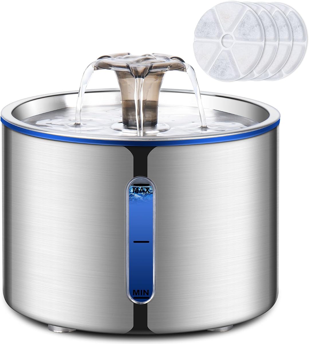BOORCA Cat Fountain, 84oz/2.5L Stainless Steel Pet Water Fountain, Automatic Dog Water Dispenser, Water Level Window, Ultra-Quiet Pump, Perfect for Cats, Dogs and Multiple Pets, 4 Filters