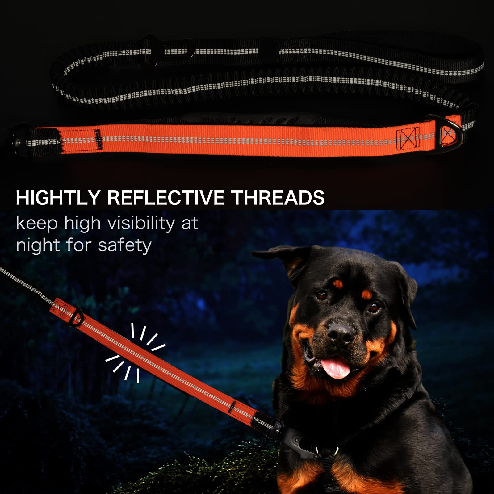 Guinzaglio tattico resistente con moschettone a sgancio rapido e fili altamente riflettenti, 1,2-1,8 m, per cani di taglia media e grande, nero e arancione