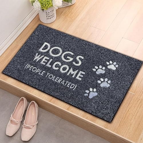 Miniatura 2 de Assaoy Tapete para puerta de exterior con texto en inglés "Dogs Welcome People", divertido tapete bordado negro para entrada, para interiores y