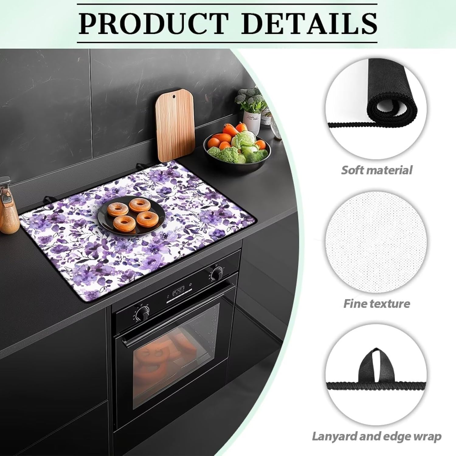 Poceacles Stove Top Cover Protector Glass Stove Guard Anti-slip Scratch Resistant Cooktop Protector Range Cover Extra Counter Space, 29'' x 21'', Floral Violet