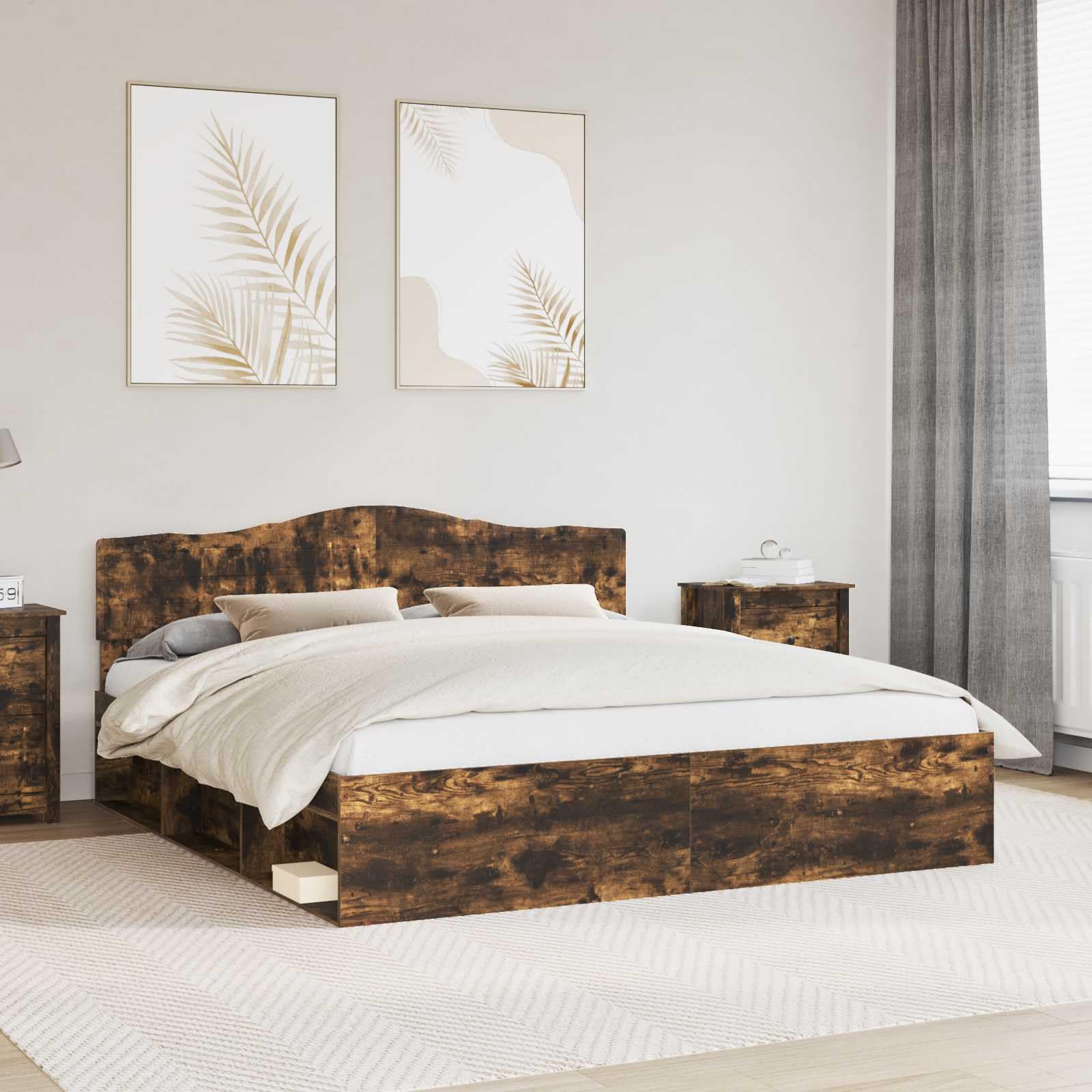 Bettrahmen Geräucherte Eiche aus massivem Kiefernholz 180 x 200 cm Super King Size Bettgestell mit Lattenrost und Kopfteil für Schlafzimmer und Gästezimmer, robust und pflegeleicht