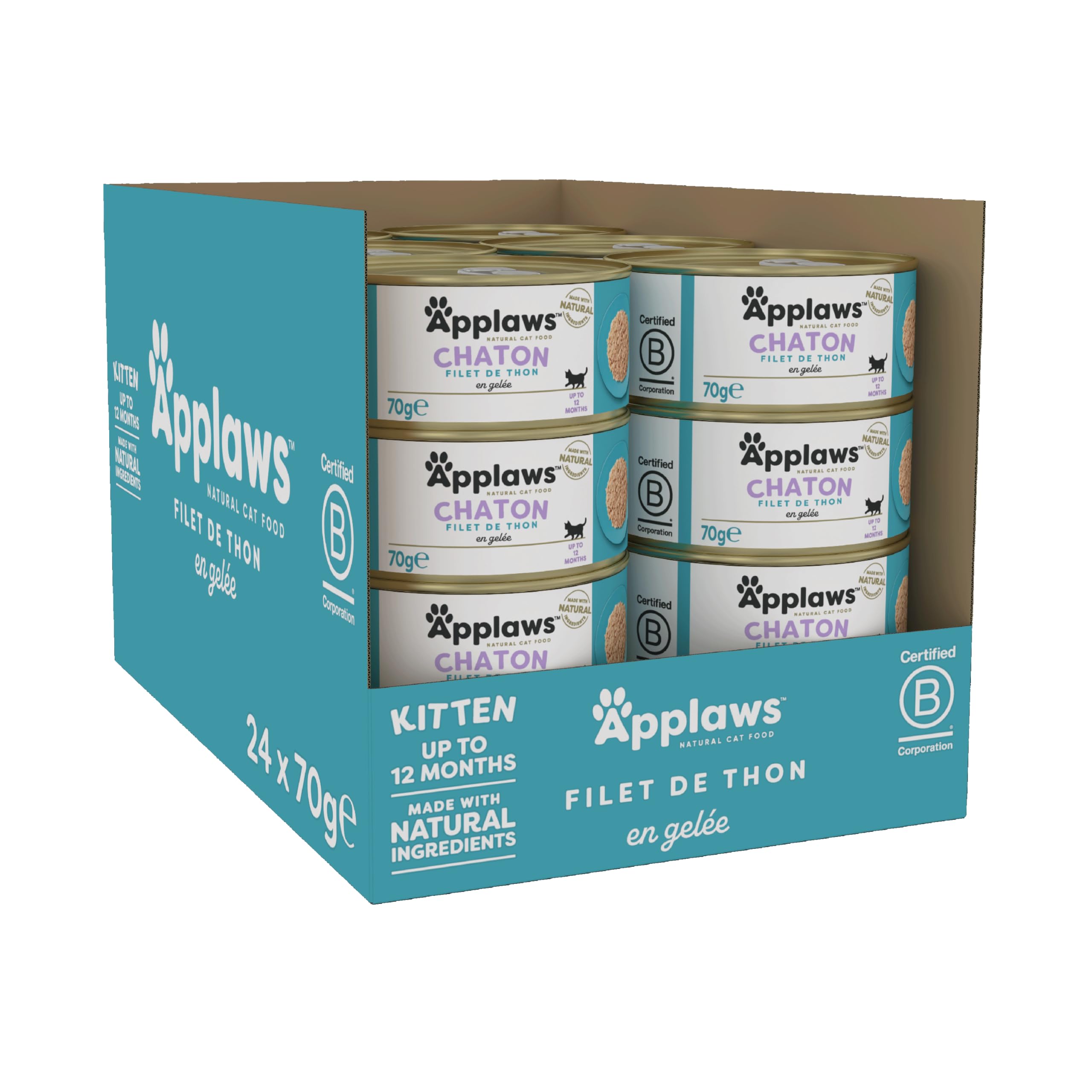Applaws Natural Aliment Humide pour Chatons, Filet de Thon en Gelée - Pack de 24 x 70g Boîtes