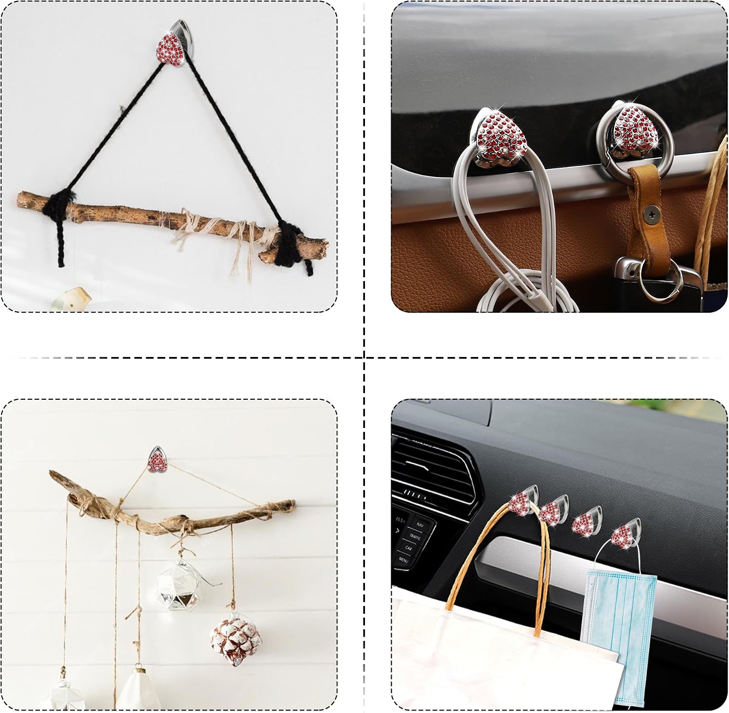 TOMALL Bling Car Hooks 4pcs Heart Shape Accessories Cute Dashboard Hook for Keys Charging Cable Multifunctional Hanging Storage Hook Universal Diamond Accessories for Car for Home DIY Decoration(Red) image 5