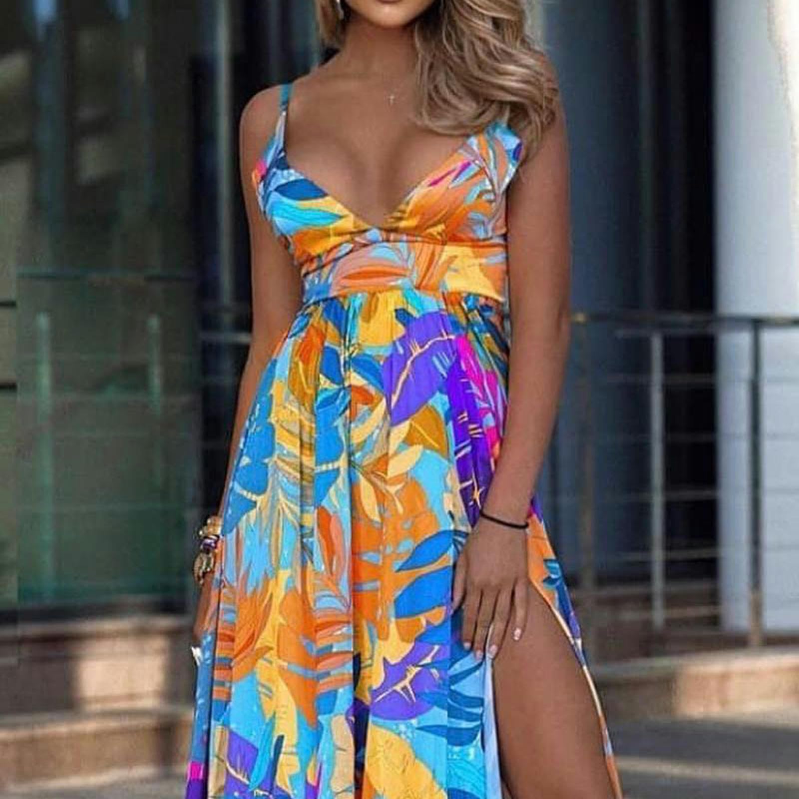 Abiti da Donna Abito Estivo con Foglie, Elastico su Quattro Lati, Elegante Abito con Scollo A V, Top A Tubino Morbido E Confortevole, Lungo Fino al Pavimento
