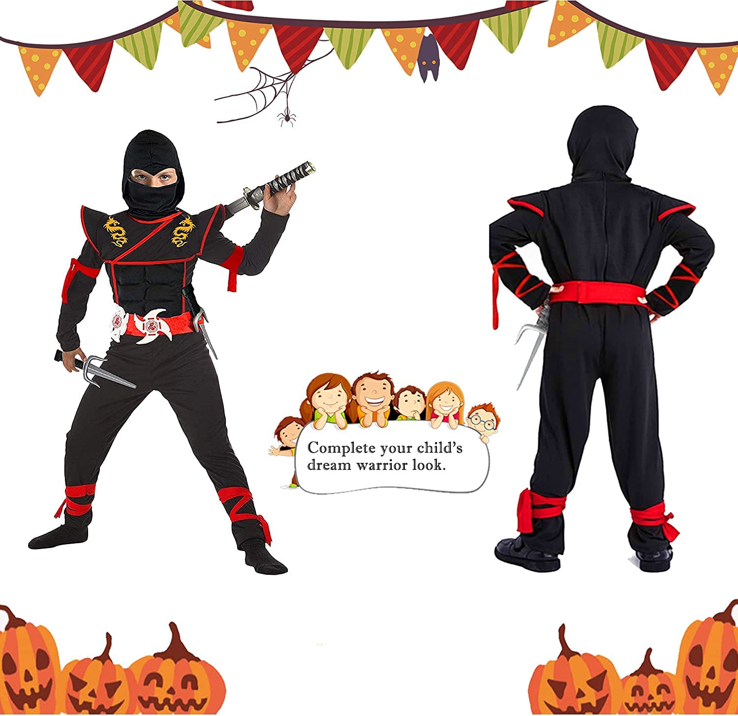 SATKULL Kids Ninja Costumes Halloween Ninja Costume Set for Boy Deluxe Ninjas Role Playing Suit(Kids-S-4/5T Black) - Image 4