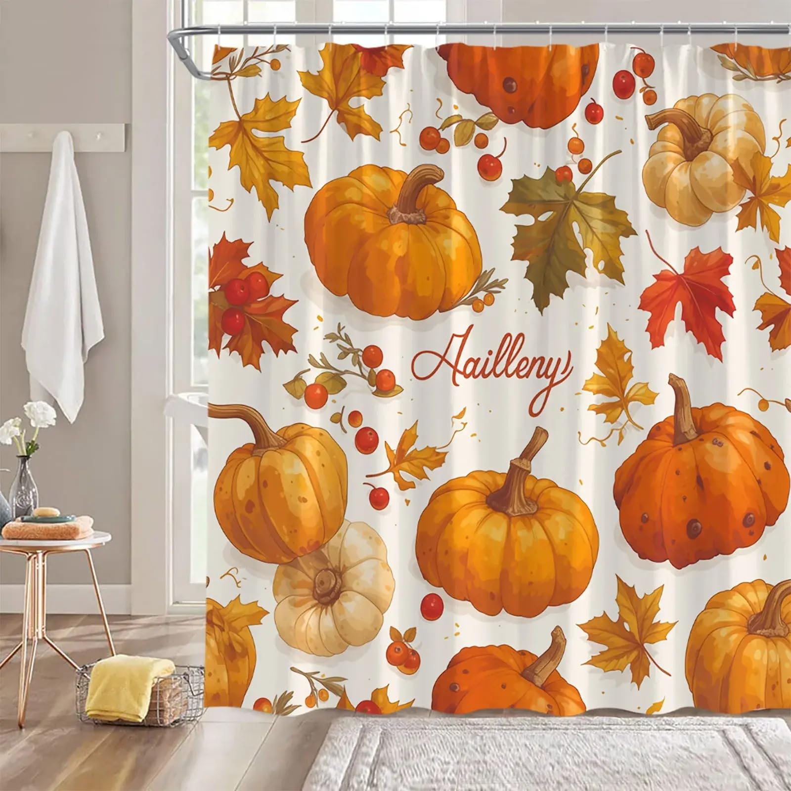 Duschvorhang mit Herbst-Kürbis-Cartoon-Druck, Erntezeit, Ahorn, fallendes Blatt, Herbstlandschaft, Natur, Badevorhang, 240 x 200 cm (B x L), 200 cm Länge