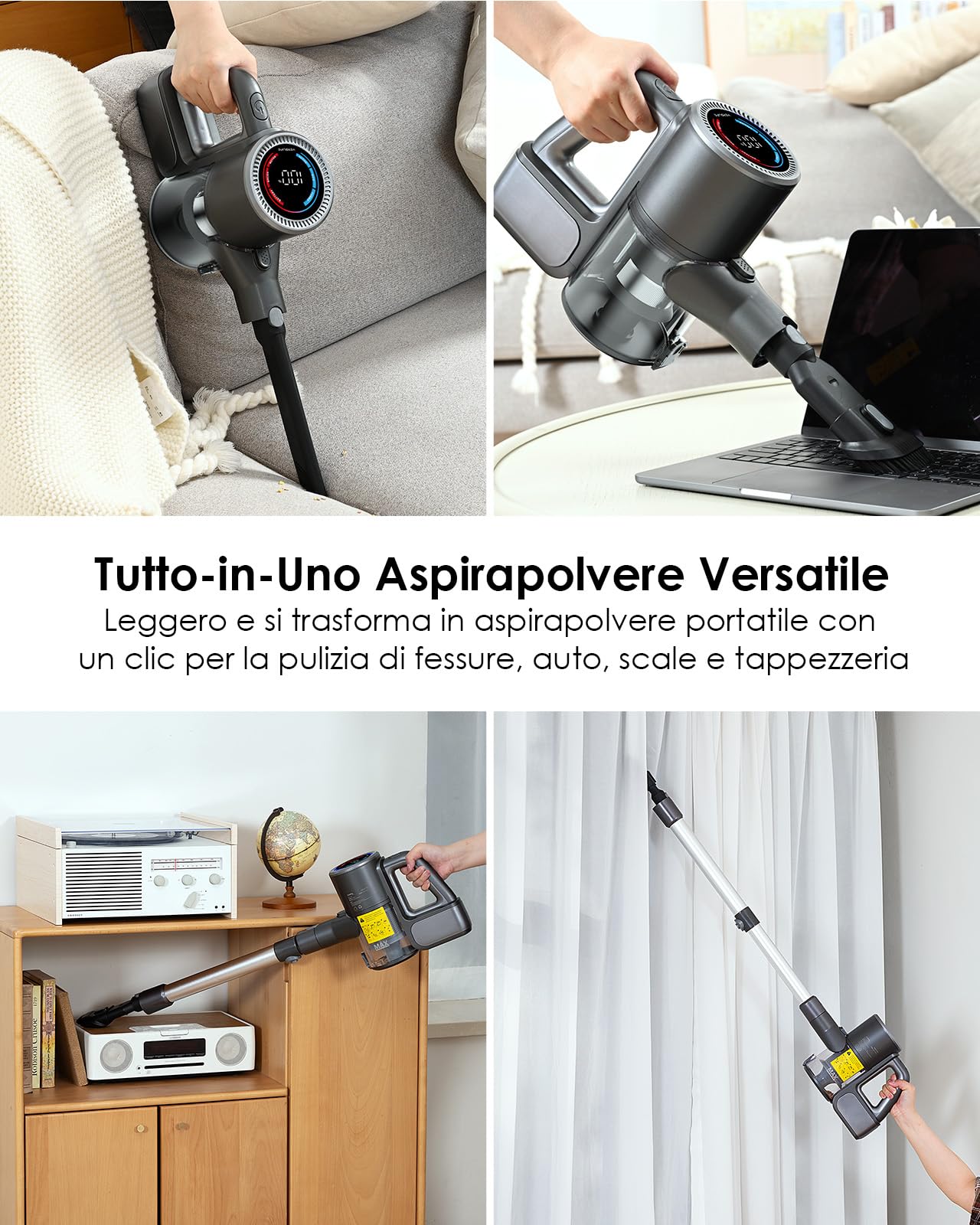 VersLife S7PRO Aspirapolvere senza fili, 500W/40KPA Scopa Elettrica, fino a 45 minuti di autonomia, display LED e luci frontali verdi, aspirapolvere autoportante per pavimenti duri, tappeti
