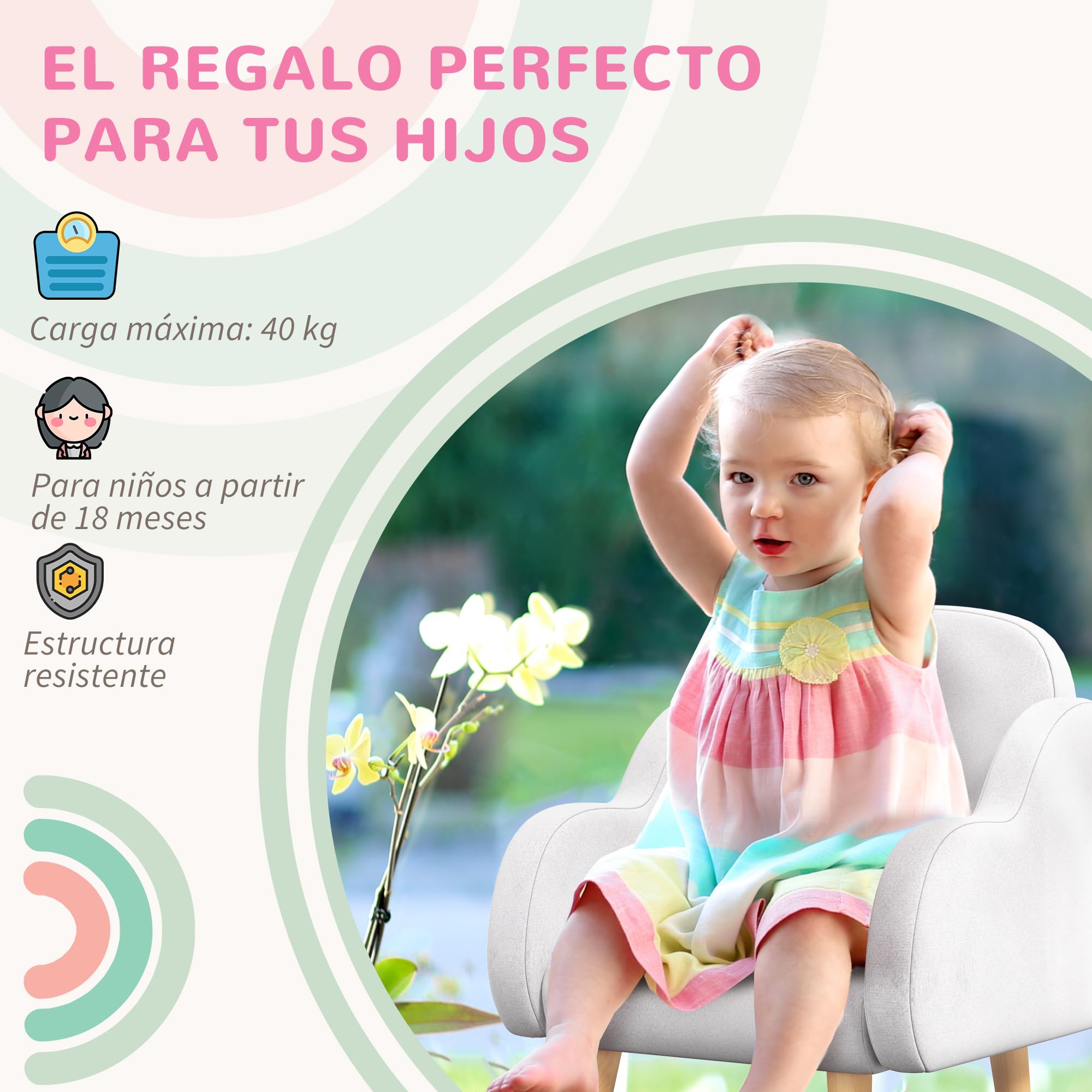 ZONEKIZ Poltroncina per Bambini Stile Scandinavo con Braccioli a Nuvola, Poltrona Piccola per Bambini fino a 3 Anni in Tessuto, 46x51x55 cm, Bianco