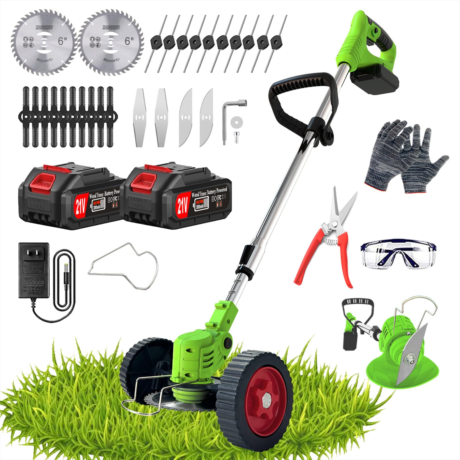 XABCHUI Cordless Weed Wacker, 21V Weed Eater Battery Powered, Brush Cutter Lawn Edger Grass Trimmer Tools with 2 Batteries and 5 Types of Blades for The Garden and Yard