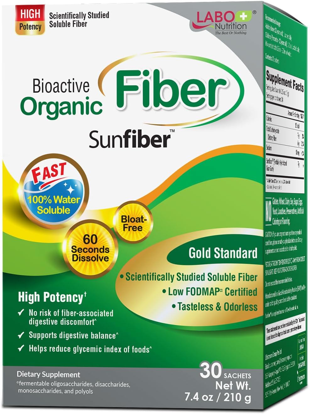 Bioactive Organic Fiber – Sunfiber PHGG Soluble Prebiotic Fiber for Digestive Regularity & Gut Health – Partially Hydrolyzed Guar Gum, Low FODMAP, Unflavored, Vegan, Non-GMO, 30 Sachets