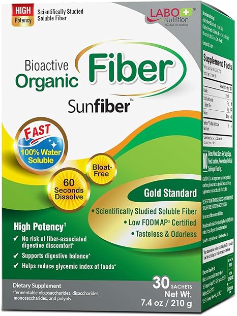LABO Nutrition Bioactive Organic Fiber – Sunfiber PHGG Soluble Prebiotic Fiber for Digestive Regularity & Gut Health – Partially Hydrolyzed Guar Gum, Low FODMAP, Unflavored, Vegan, Non-GMO, 30 Sachets LABO Nutrition Bioactive Organic Fiber – Sunfiber PHGG Soluble Prebiotic Fiber for Digestive Regularity & Gut Health – Partially Hydrolyzed Guar Gum, Low FODMAP, Unflavored, Vegan, Non-GMO, 30 Sachets