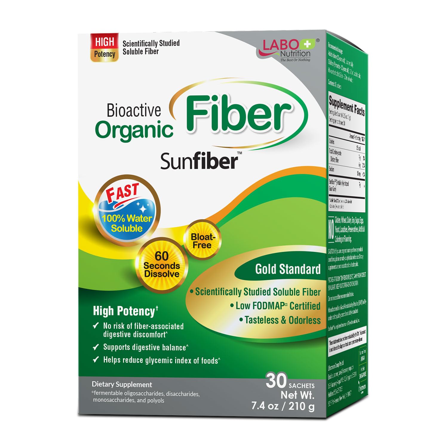 LABO Nutrition Bioactive Organic Fiber – Sunfiber PHGG Soluble Prebiotic Fiber for Digestive Regularity & Gut Health – Partially Hydrolyzed Guar Gum, Low FODMAP, Unflavored, Vegan, Non-GMO, 30 Sachets