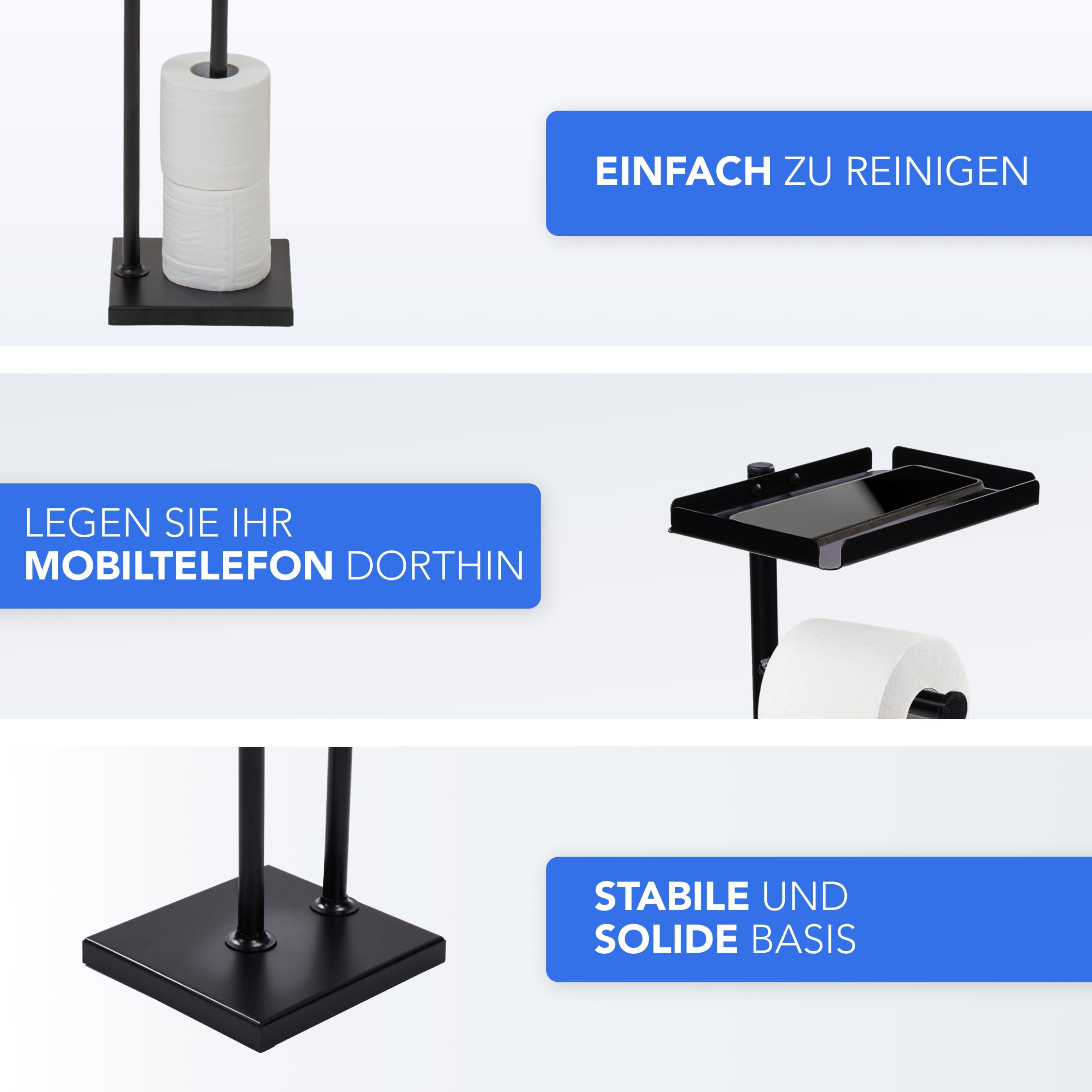 Bamodi Toilettenpapierhalter Aus Edelstahl – Mit Glasfuß, Platz Für 3 Rollen, 73x15x15 Cm, Mattschwarz