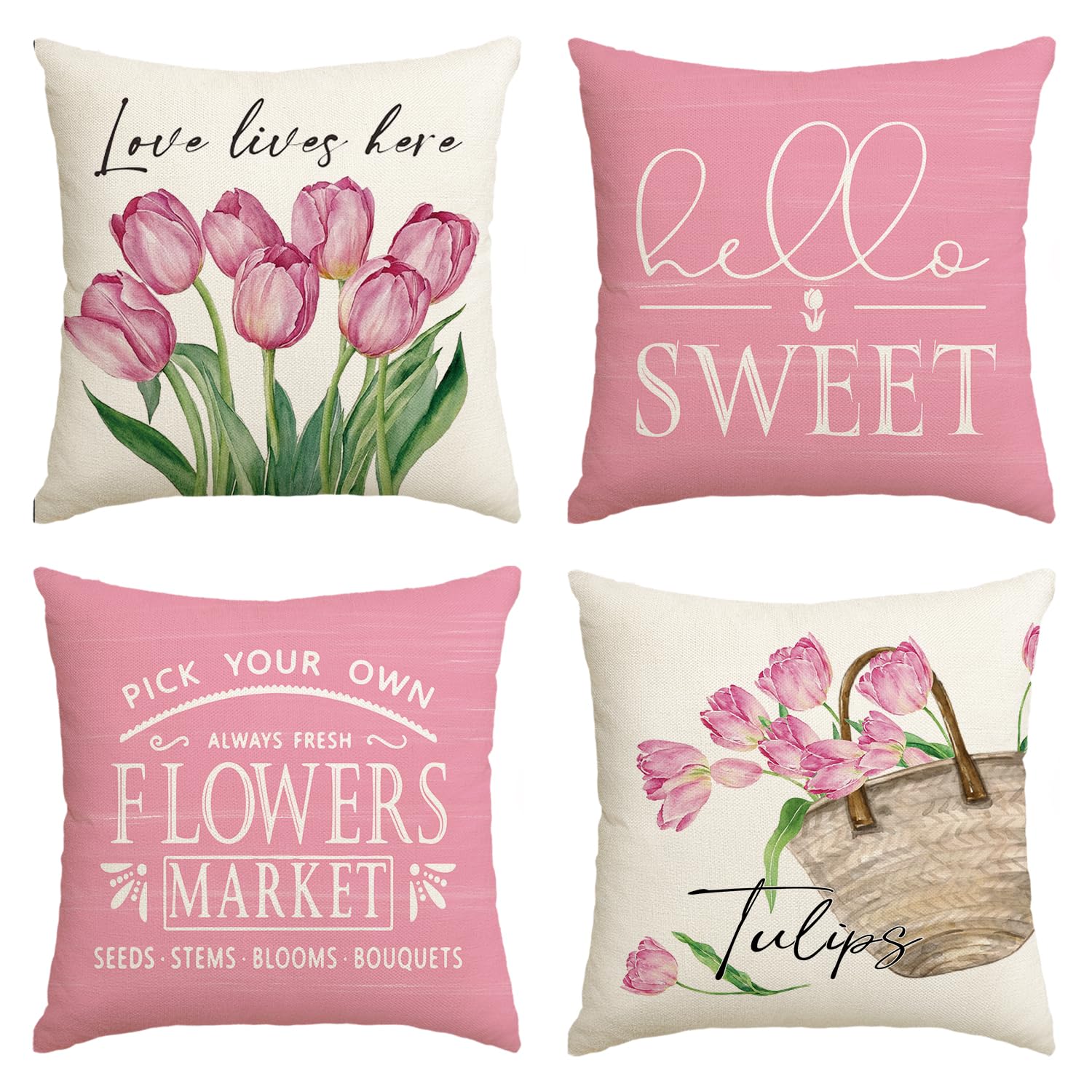 Okasion Set di 4 federe per cuscini con fiori di rosa, 45 x 45 cm, viola, nero, decorative, grigie, vintage, in lino, per primavera estate (viola