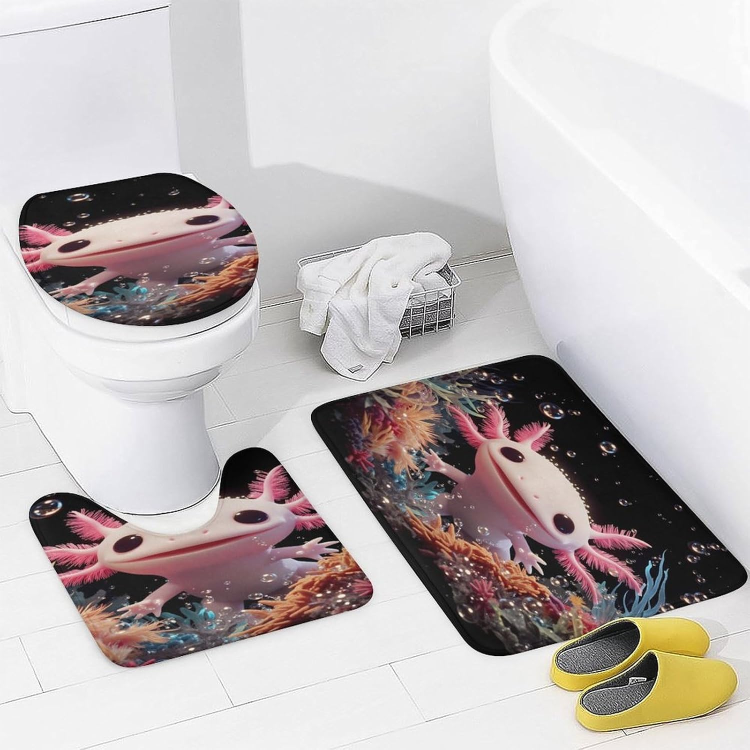 Cute Axolotl Sea Creature 4 PCS Bathroom Set with Shower Curtain Rugs, Ultra Soft Coral Fleece Bath Mat, U-Shaped Rug, Toilet Lid Cover, 72" X 72"