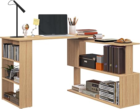 HOMCOM 47 Inch L Shaped Desk, Home Office Table, 360 Degree Rotating Maple