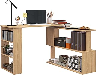 HOMCOM L Shaped Desk, Corner Computer Desk, 360 Degree Rotating Home Office Desk with Storage Shelves, Writing Table Workstation, Maple