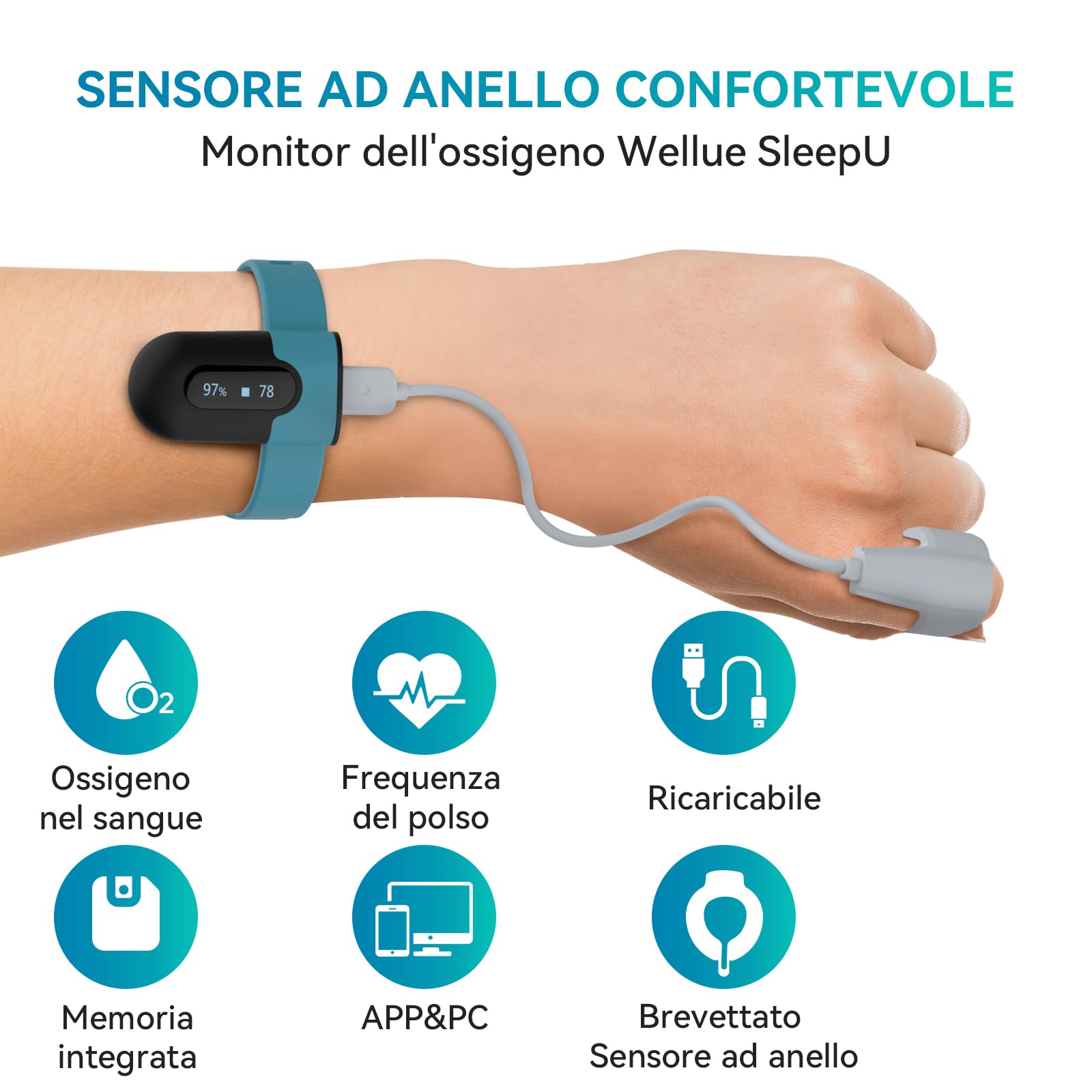 Viatom SleepU Pulsossimetro da Polso Ricaricabile, Saturimetro Continuo Portatile, Analisi Sonno Avanzata, Monitoraggio SpO2 in Tempo Reale, Autonomia 16 Ore, App Bluetooth Gratuita & Report PC