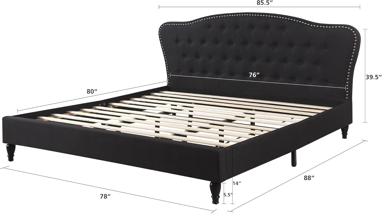 Home Life Premiere Curved Classics Cloth Black Silver Linen 51" Tall Headboard Platform Bed with Slats Full - Complete Bed 5 Year Warranty Included 018