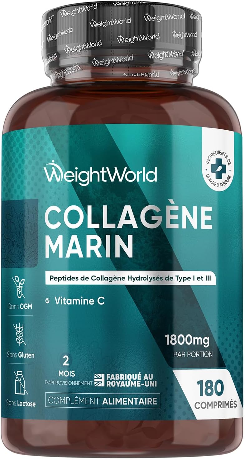 Type 1 & 3 Hydrolyzed Marine Collagen with Vitamin C, 1800mg per Serving, 180 Tablets, 2 Months Stock, Alternative to Powder and Capsules – Marine Collagen Tablets, Gluten and Lactose Free