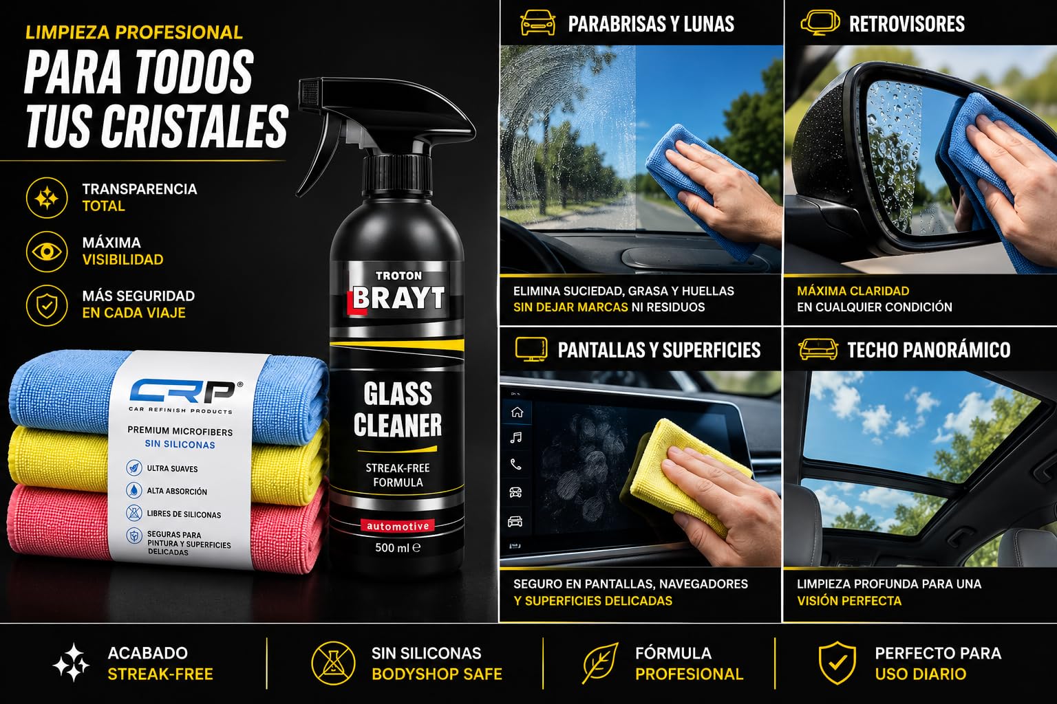 Limpiacristales Coche BRAYT by CEPISA 500 ml + 3 Bayetas Microfibra | Limpiador de Cristales, Espejos y Pantallas, Sin Marcas ni Velos