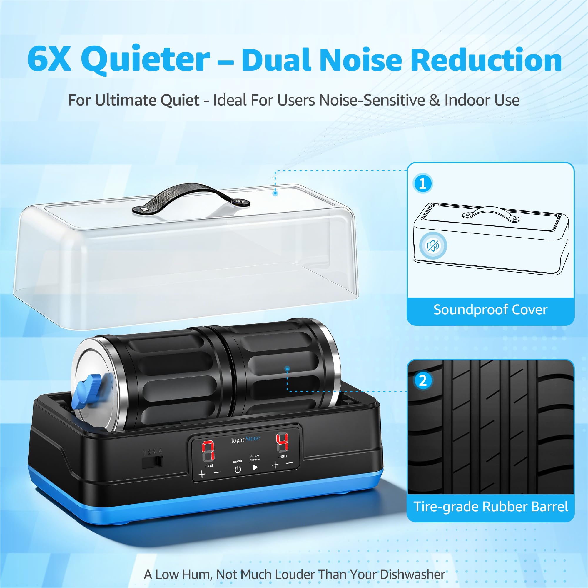 KomeStone Ultra Quiet Brushless Rock Tumbler Kit – 7LB Dual Barrel Polisher with Noise-Canceling Cover, Complete Gemstone & Jewelry STEM Set for Adults & Gift - 4