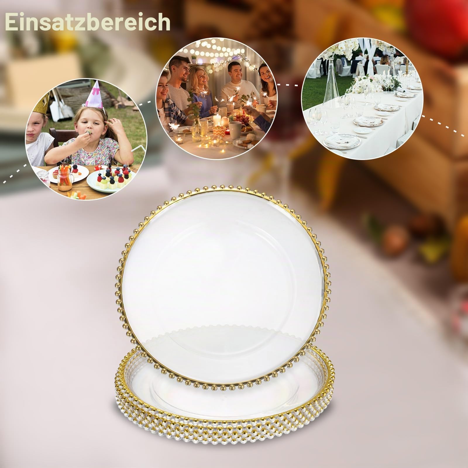 sourcing map Transparente Platzteller, 33 cm, Kunststoff, rund, mit Perlenbesatz, für Abendessen, Dessertteller, für Hochzeit, Party, Event, Tischdekoration, Gold, 12 Stück