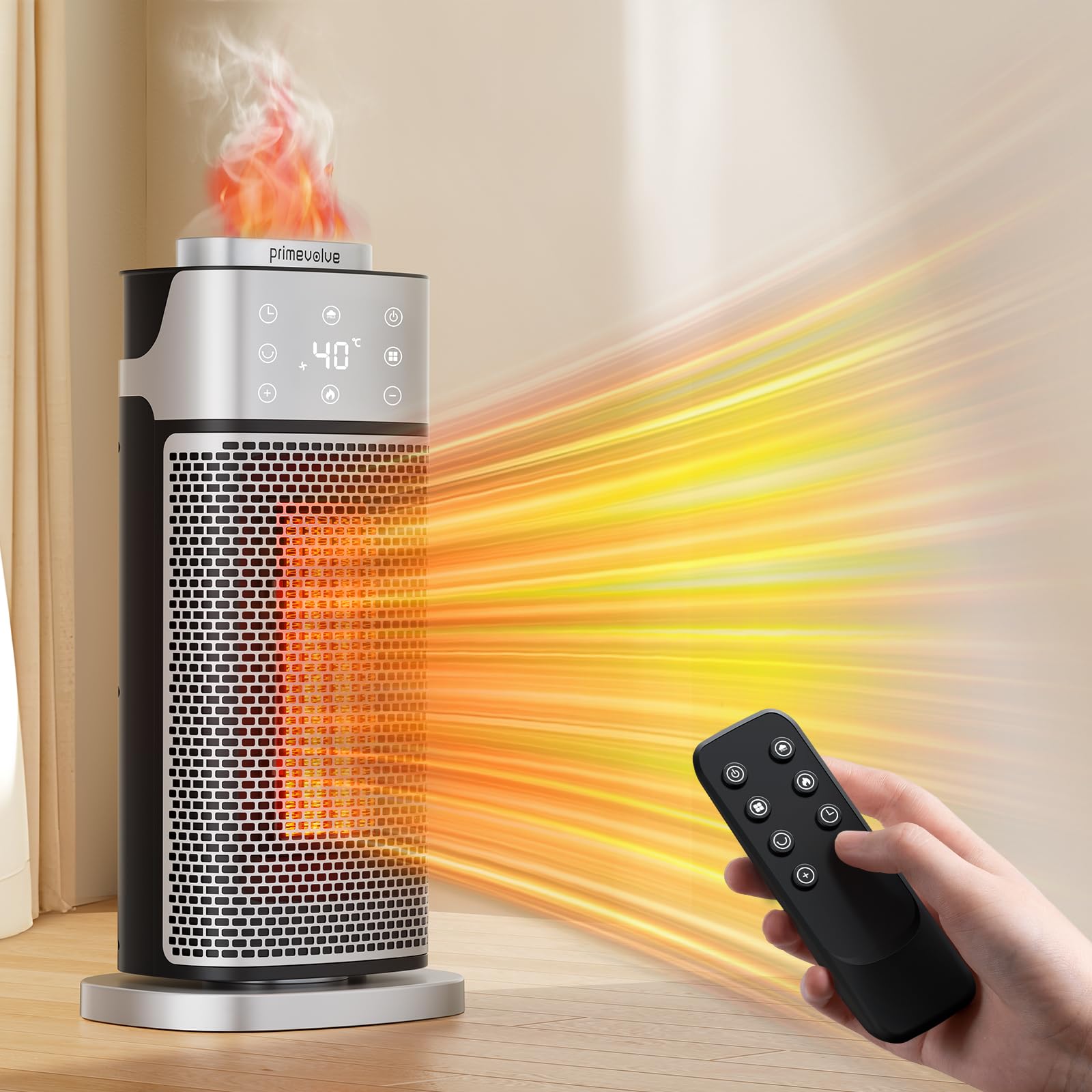 Primevolve Stufetta Elettrica con Umidificatore Funzione, 2000W Termoventilatore Ceramico a Basso Consumo, Termostato Ambiente Silenzioso con Telecomando, Timer, 70°Oscillazione, 3 Modalità Per Camere