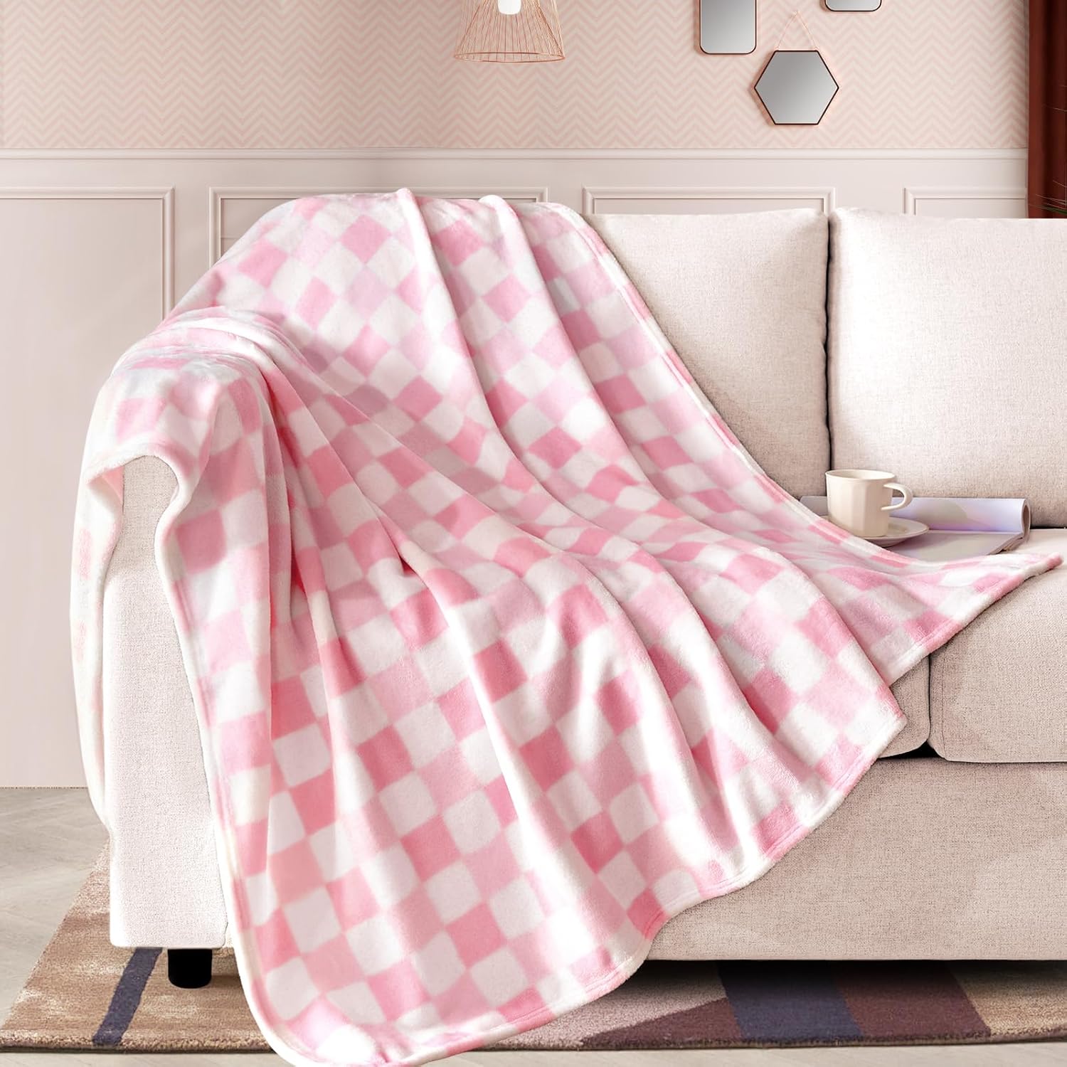 Touchat Fleece Throw Blankets, Buffalo Plaid Throw Blanket for Couch Sofa Bed, Soft Warm Fuzzy Cozy Plush Checkered Blanket, Lightweight Farmhouse Decor(Gradient Pink Plaid, 50“ x60”) - Image 2