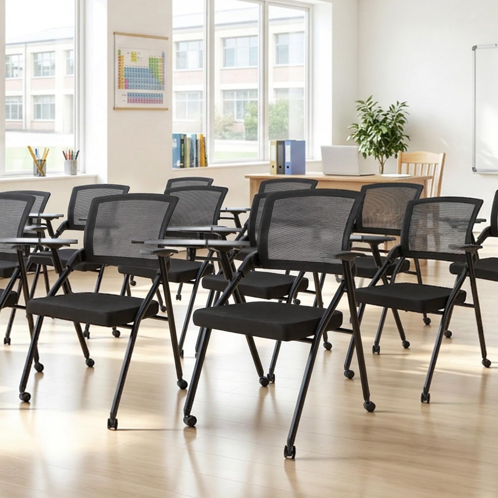 Chaise de Formation Pliable avec Tablette d'écriture, Fauteuil réunion roulettes pupitre, Dossier maillé accoudoirs, Porte-gobelet, Pliable Salle conférence，1