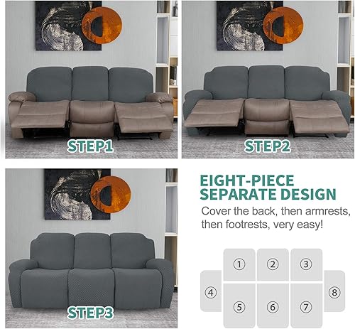 Vista 206 de YEMYHOM Funda elástica de 4 piezas para silla reclinable de jacquard con bolsillo lateral, antideslizante, ajustable, protector de muebles con parte