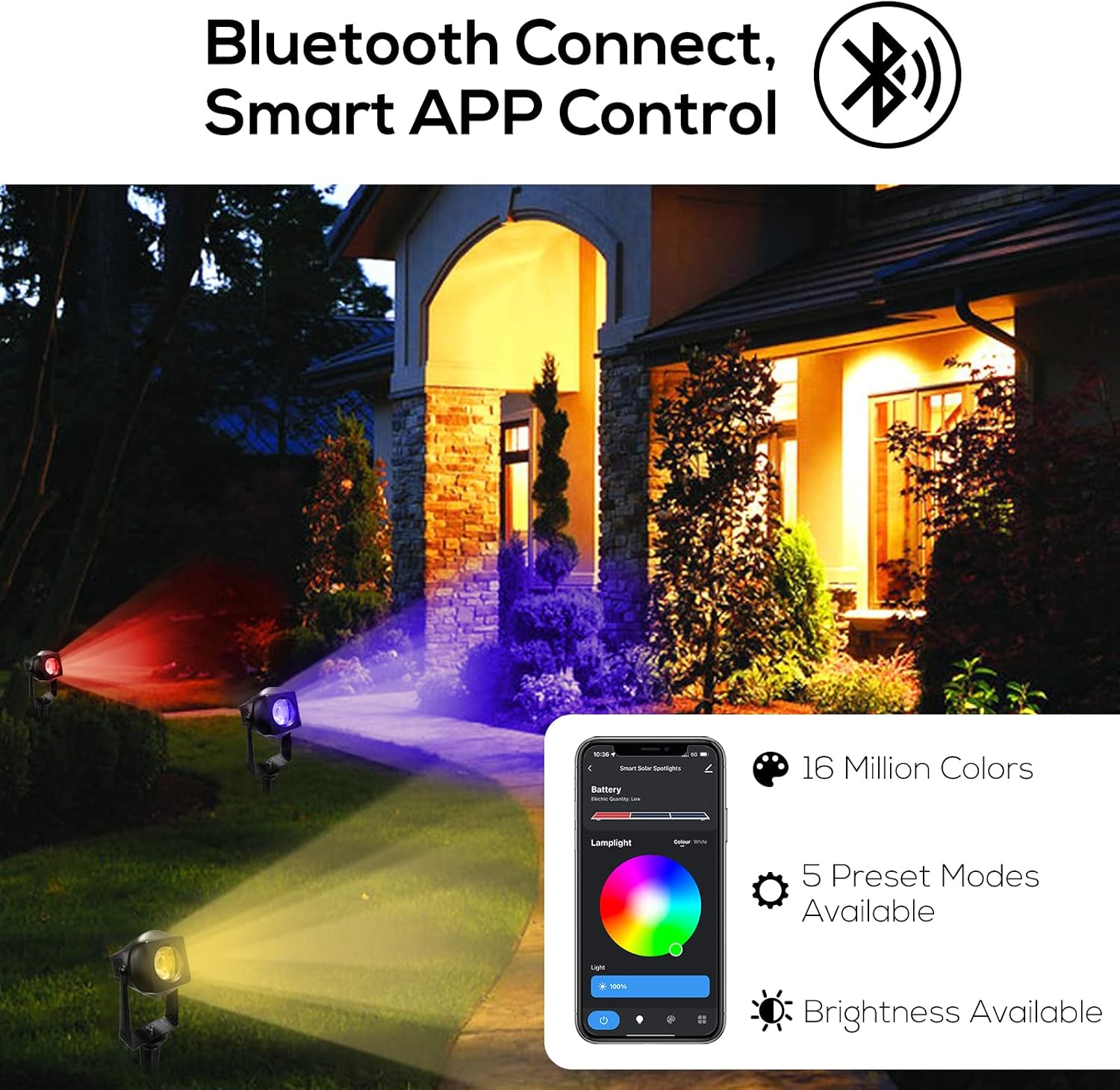 FMART 4 Pack RGBW, Solar Smart Bluetooth Landscape Spotlights, Landscape Light, Solar Spot Lights Outdoor, Solar Outdoor Uplights for Garden Trees Yard Landscape