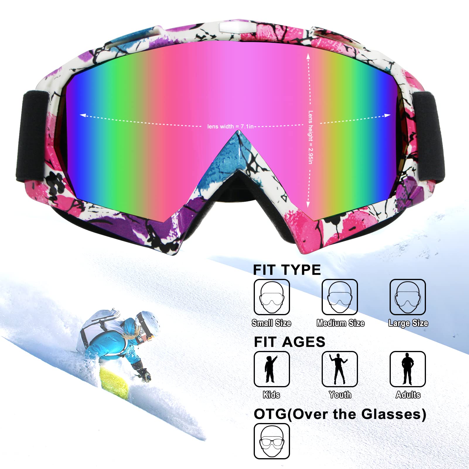 Gafas de motocross, motocross, motocross, gafas MX todoterreno para hombres, mujeres, adultos, jóvenes, carreras (marco de flores + lente rosa)