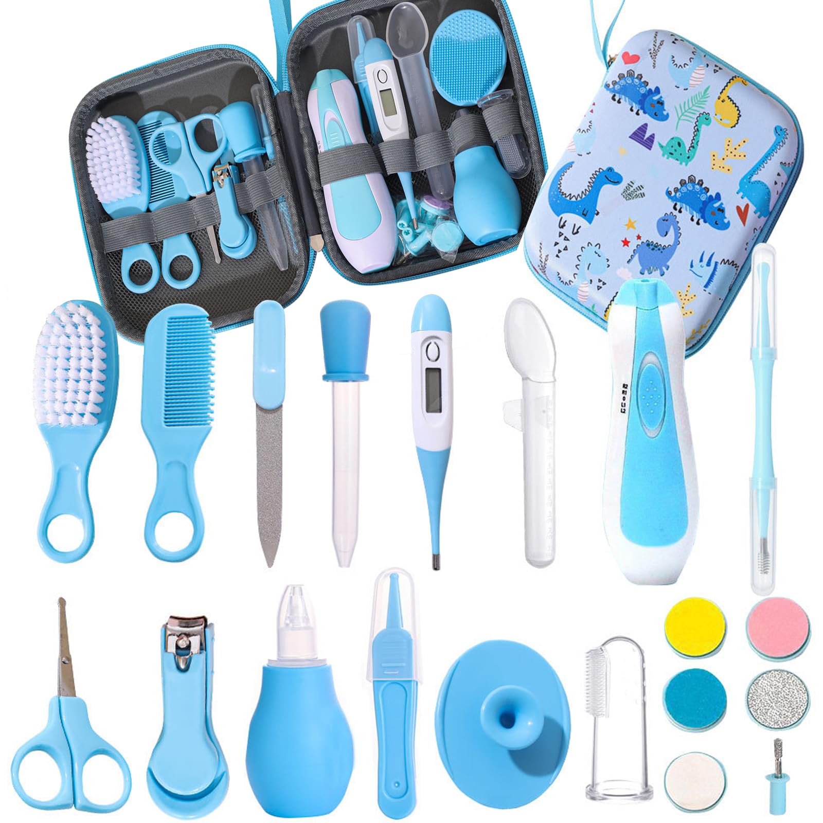 Liemuao Trousse de Soin Bébé, Compact et Portable, Kit Complet 16 Accessoires dont Thermomètres, Coupe-Ongles, Brosse, Trousse de Toilette Bébé pour les Voyages et la Maison Garcon Fille (Bleu)