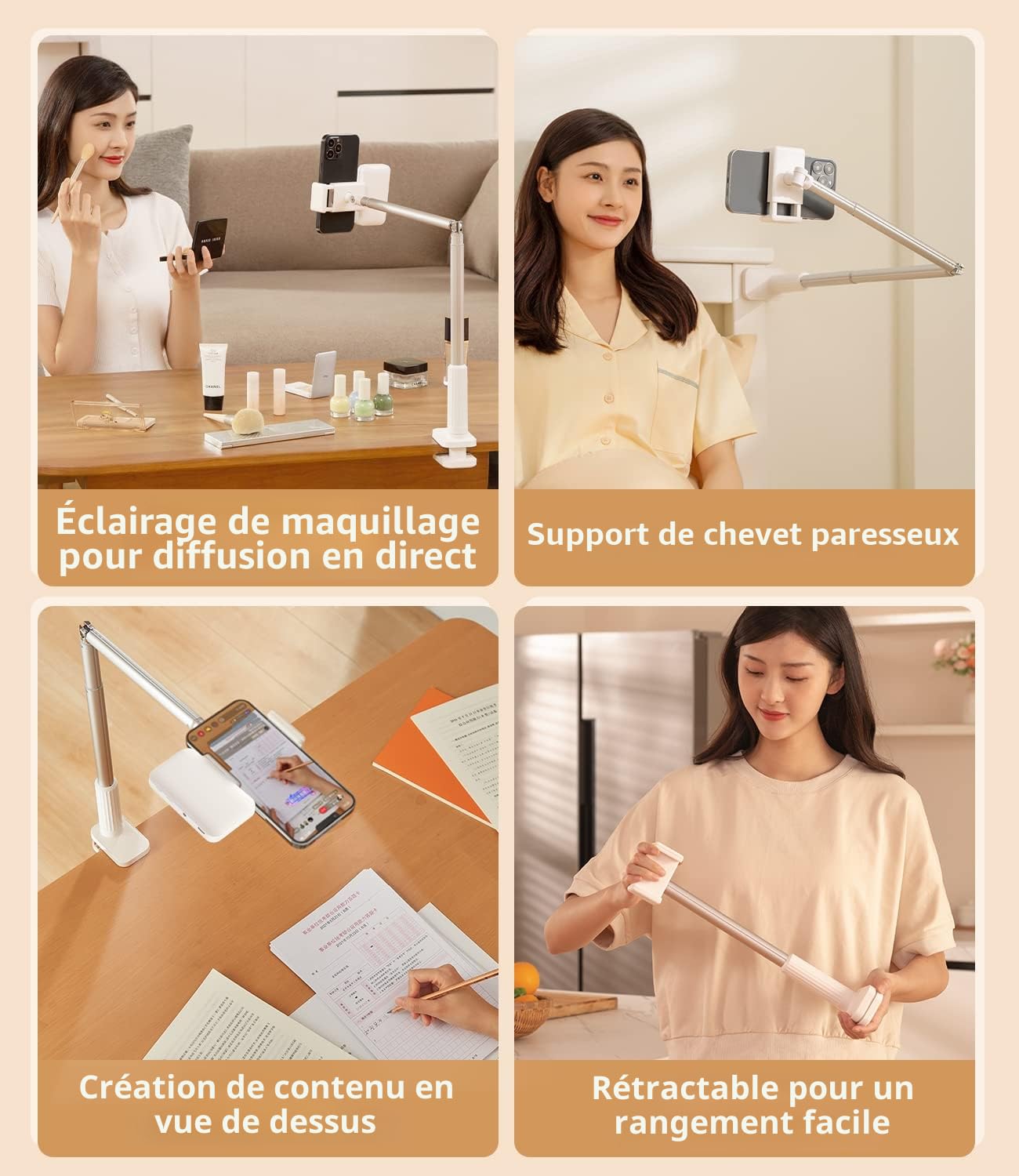 yAyusi Support de Téléphone pour Vidéo, Support de Téléphone Aérien à Bras Articulé avec Anneau Lumineux LED, Trépied de Bureau/Chevet pour Enregistrement Vidéo de Cuisine en Direct (Blanc)