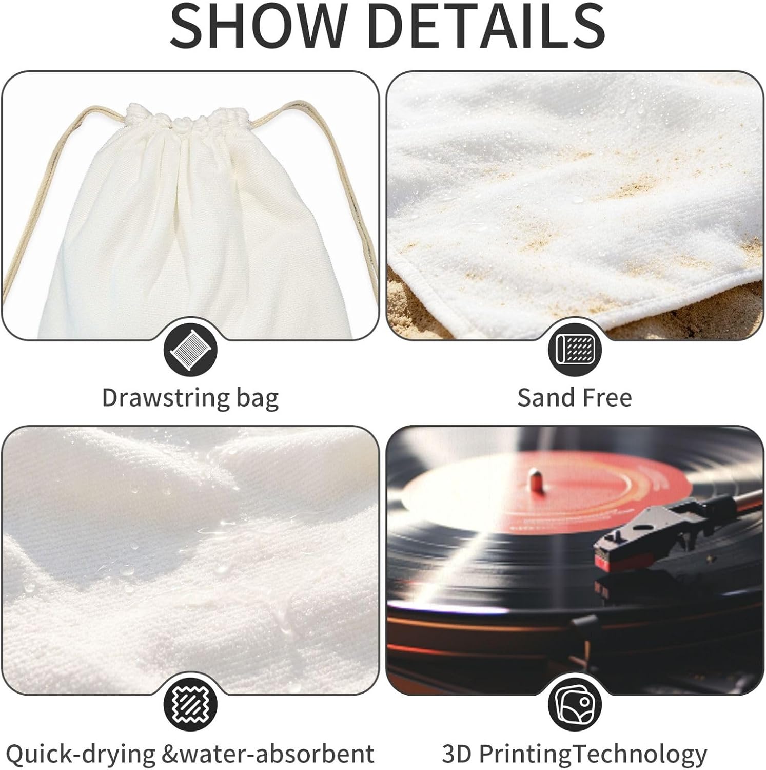 2 in 1 Packable Towel Bag,Soft Absorbent Pool Towels Backpack Quick Dry Lightweight Beach Towels Record Player Drawstring Bag for Travel Camping Sports Picnic image 4