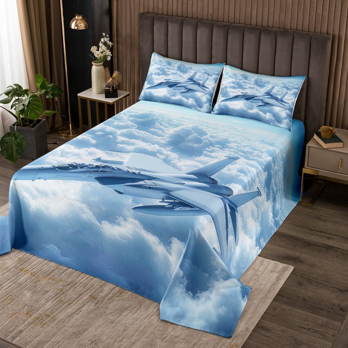 Homewish 3D Aircraft Bedspread King Size,Flying Airplane Bedding Set 3Pcs for Kids Boys Teens Room Decor,Military Theme Comforter Set Blue White Cloud Sky Quilt Coverlets,2 Pillowcases