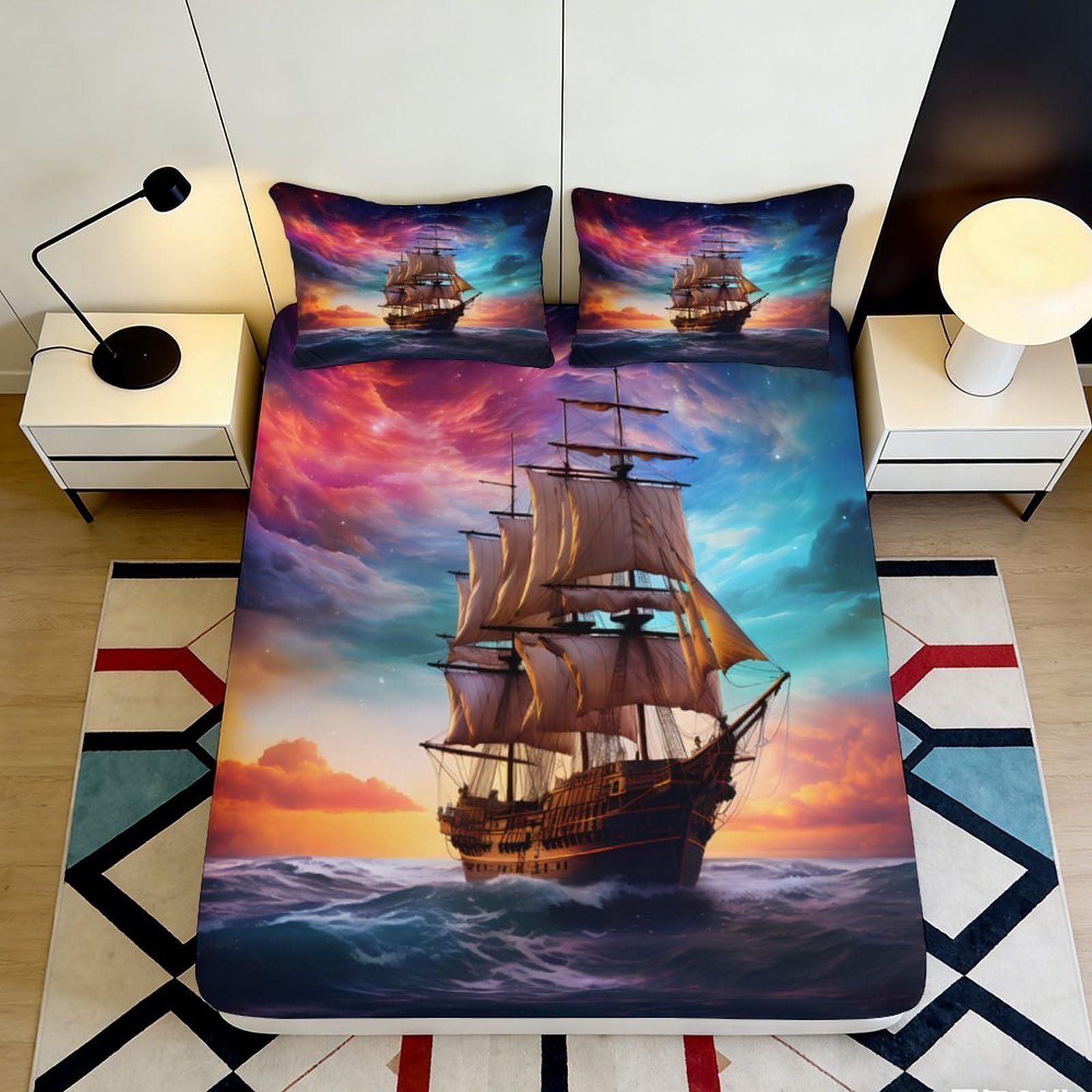 3D Printed Sailing Ship Fitted Sheet Microfiber Artistic Sunset Ocean Bed Cover for Bedroom Guest Room Decor 90x200x25cm
