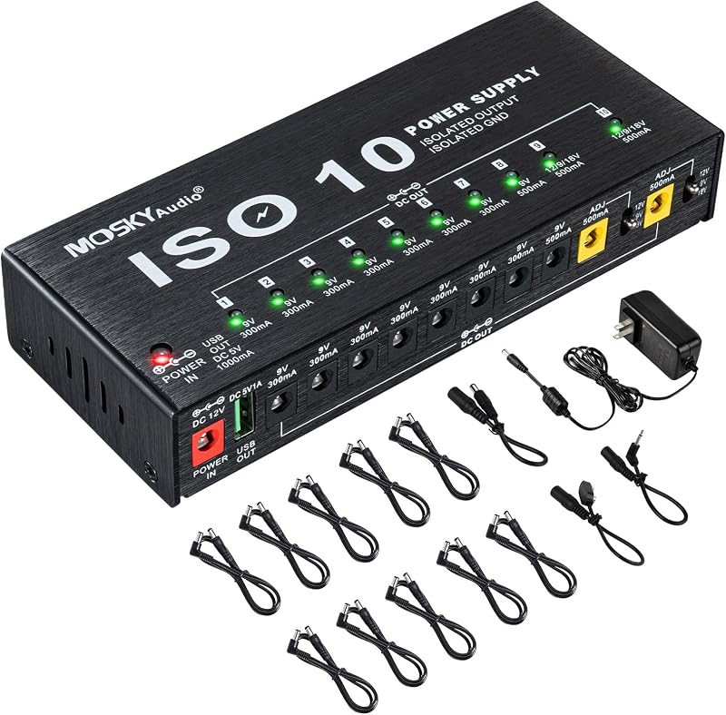 Mosky Fuente de alimentación para pedal de guitarra 10 salidas CC aisladas, 9 V, 12 V, 18 V, 300 mA, 500 mA, fuente de alimentación con puerto USB, protección contra sobrecorriente contra cortocircuitos