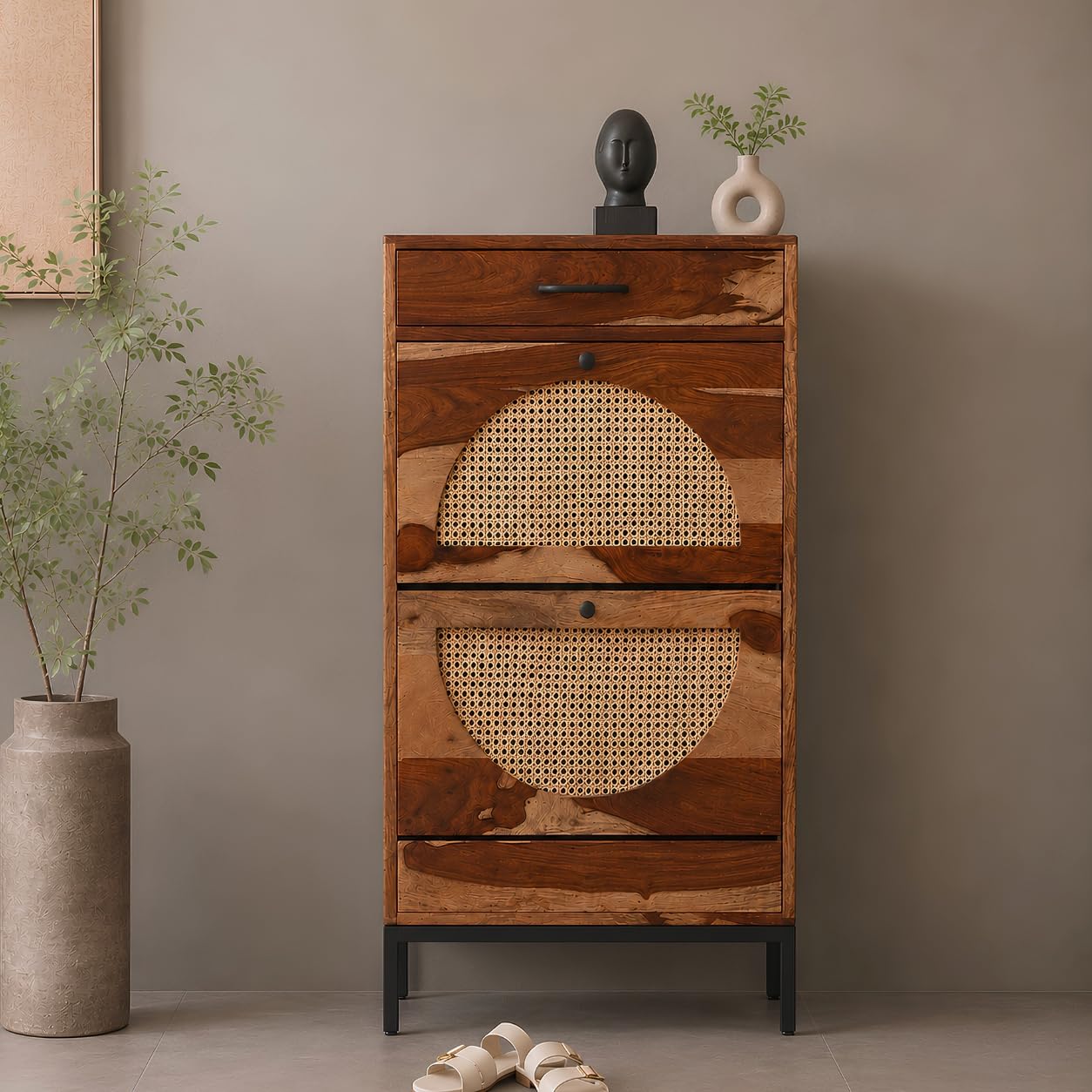 Novaska Solid Wood Tiltout Shoe Organizer Rack for Home | Wooden Shoe Cabinet with 2 Flip Drawers and 1 Drawer | Shoe Stand for Entryway & Hallway | Sheesham Wood, Teak Finish-image-49